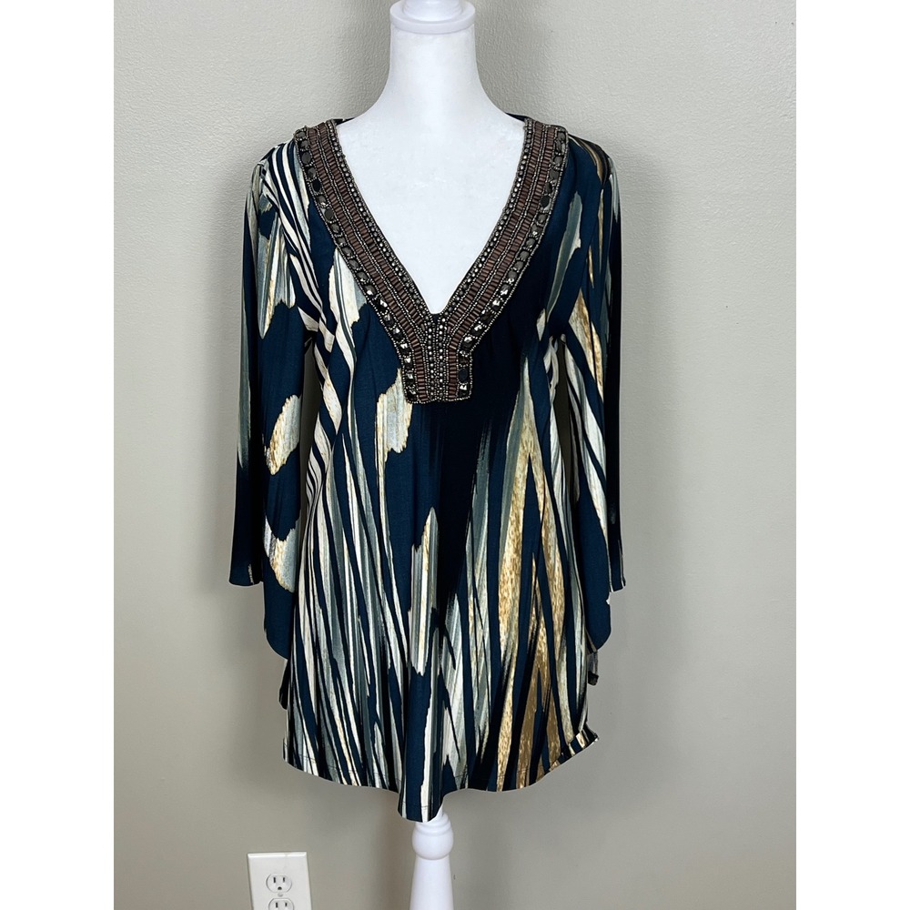 Boston Proper Beaded V-Neck Abstract Print Tunic Top Blue Gold Womens Medium